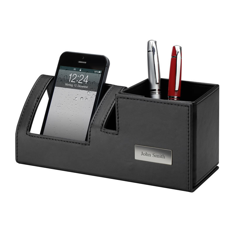 Foldable Black Pu Leather Desk Tidy With Phone Stand Business
