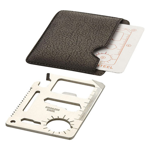 Carte multi-outils 15 fonctions dans une pochette en similicuir