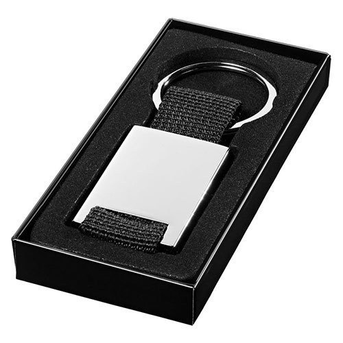 Promotional Rectangular Keyring in Silver with Black Webbing