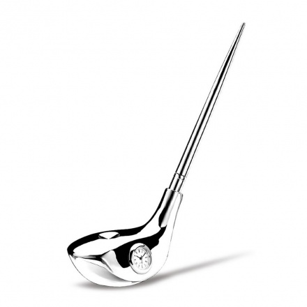 Silver Plated Golf Club Pen Stand with Clock