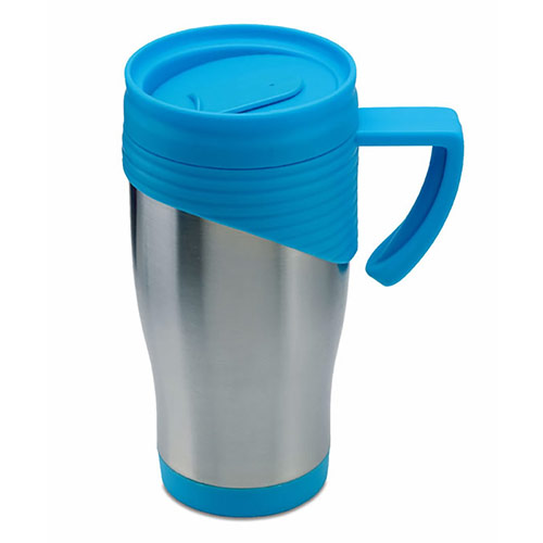 Mug de voyage promotionnel avec bordure bleue