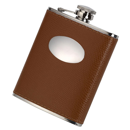 6oz Hip Flask with Tan Genuine Leather Cover