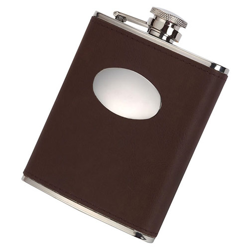6oz Hip Flask with Brown Genuine Leather Cover