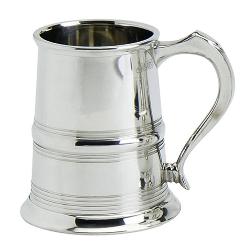 1PT Polished Pewter Tankard with Line Decoration