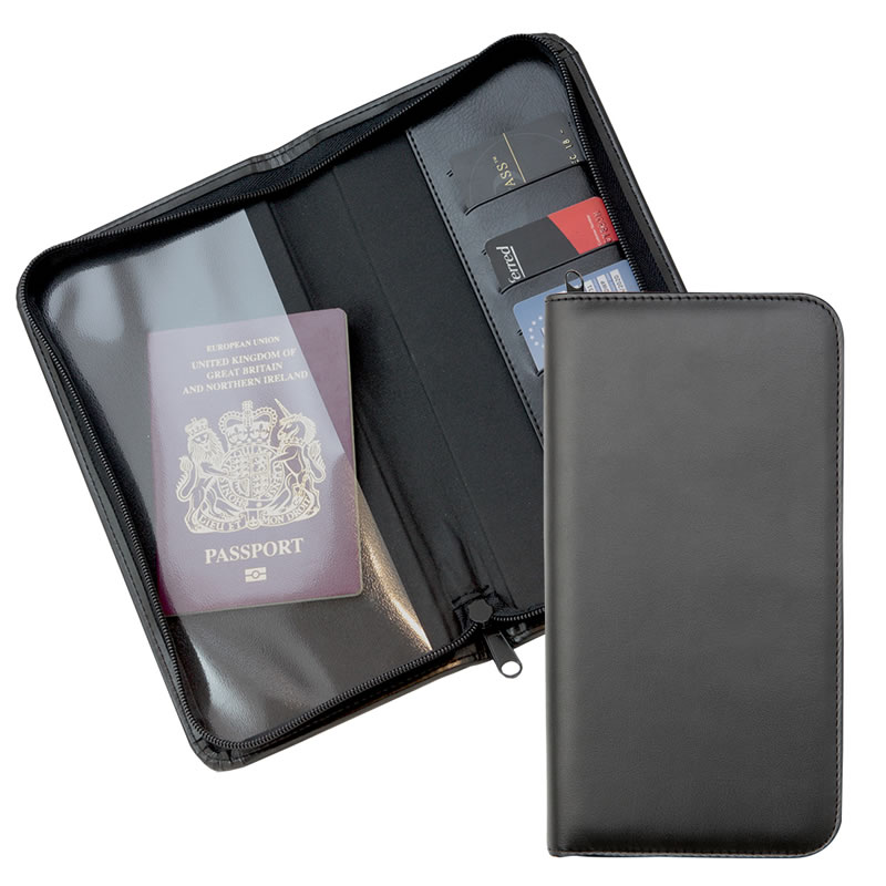 Zipped Travel Wallet in Black Belluno Leather Business Gifts Supplier