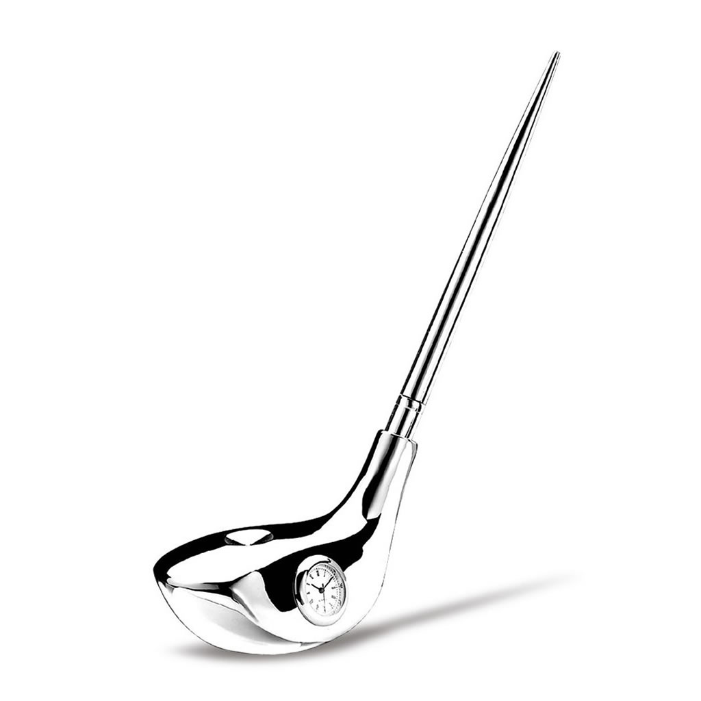 Silver Plated Golf Club Pen Stand with Clock