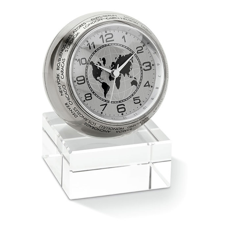 Engraved Brushed Chrome Globe Clock on Glass Base Business Gifts Supplier